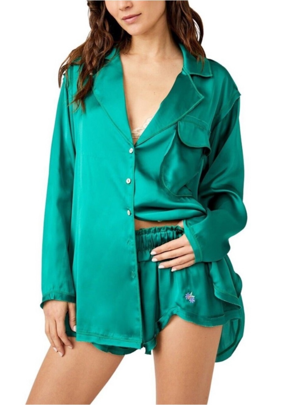Free People Like Honey Pajamas PJ Top & Shorts Set in Silky Golf Green Sz S 🧡🎀